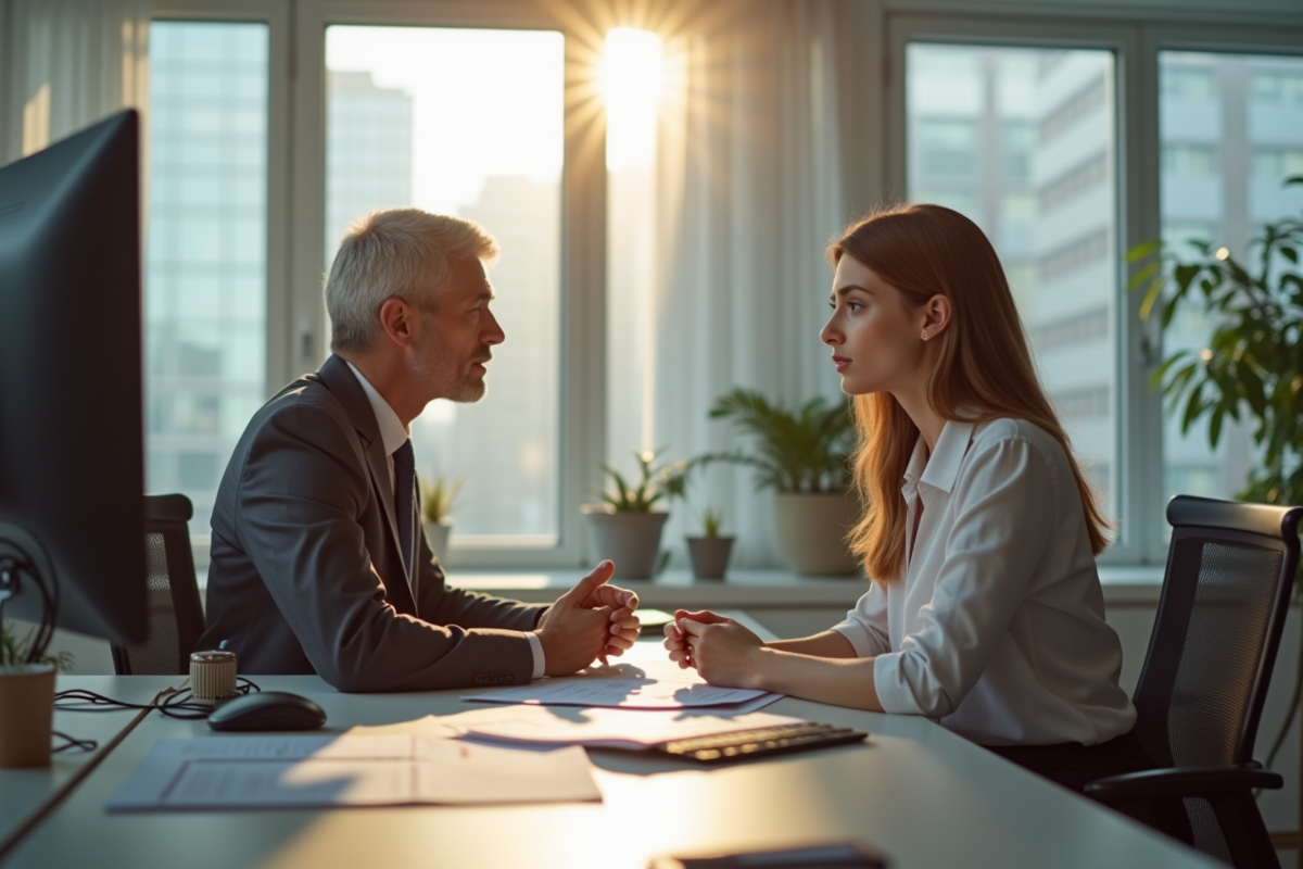 Jeune femme professionnelle au bureau avec un responsable RH