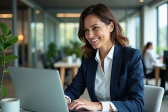 Femme professionnelle utilisant la plateforme rapprochementpro.fr sur son ordinateur portable dans un bureau moderne pour développer son activité