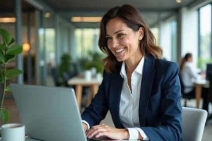Femme professionnelle utilisant la plateforme rapprochementpro.fr sur son ordinateur portable dans un bureau moderne pour développer son activité