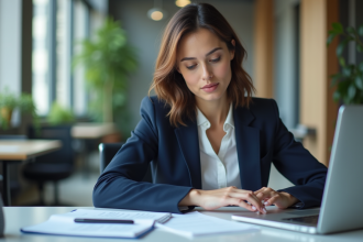 Femme en costume navy dans un bureau moderne