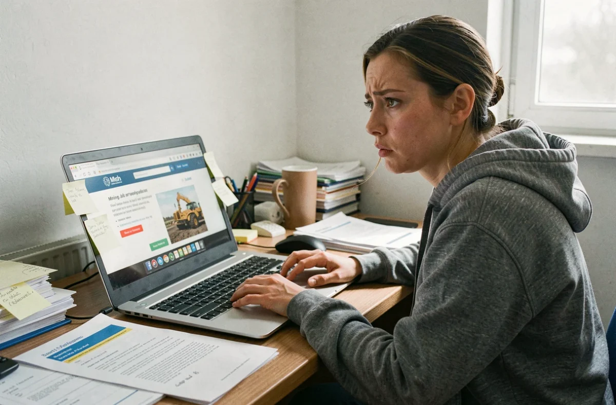 Femme inquiète recherchant des offres d'emploi minières sur son ordinateur portable, entourée de documents suspects