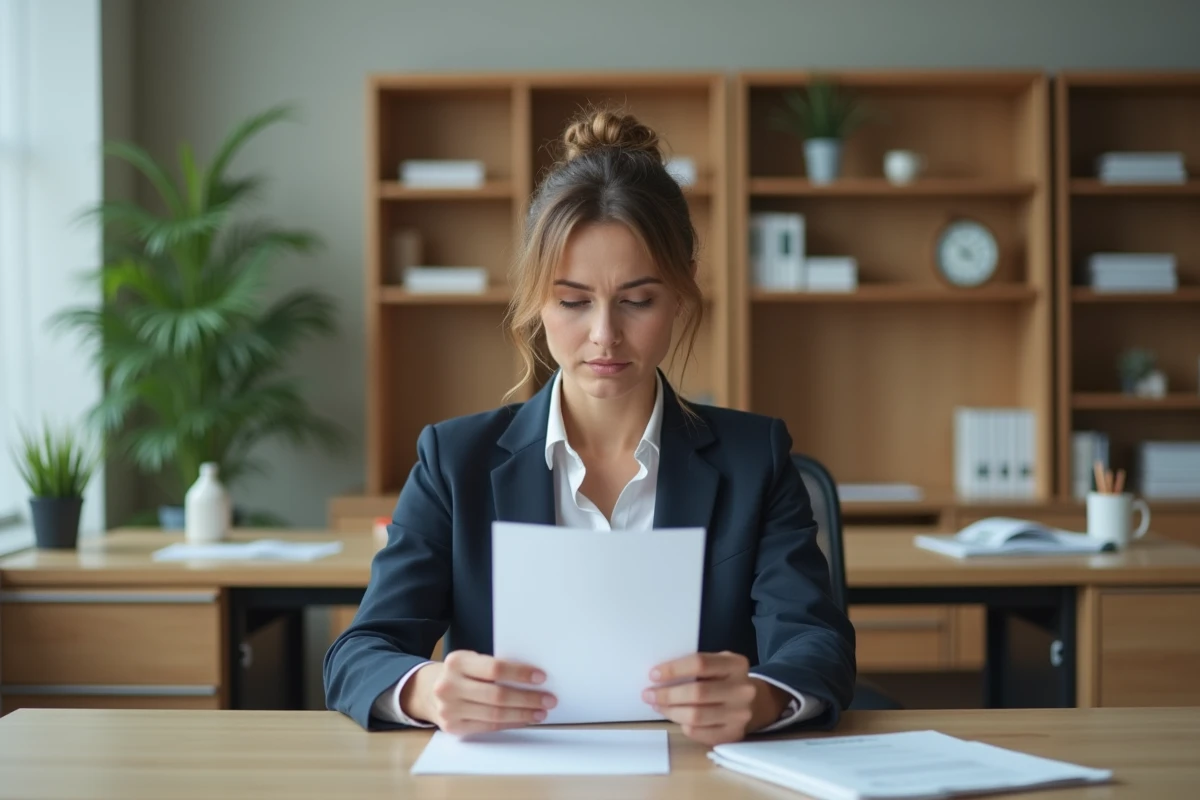 Femme en bureau lisant une lettre formelle avec souci
