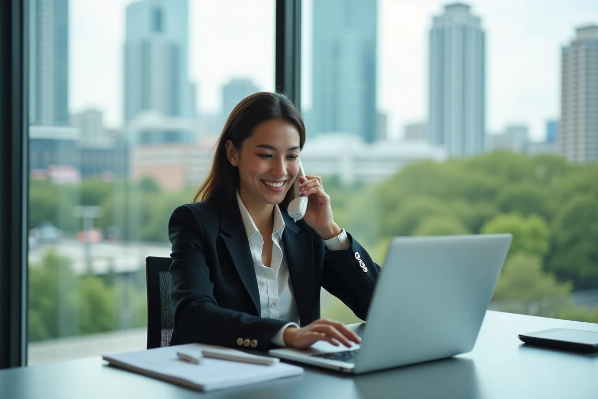 Jeune femme en r&eacute;union dans un bureau avec vue urbaine