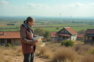 Femme rurale examinant un sol sec avec carte dans un village