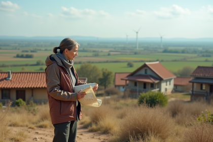 Femme rurale examinant un sol sec avec carte dans un village