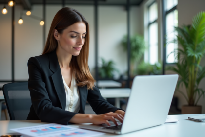 Femme confiante en blazer planifiant strat&eacute;gie marketing