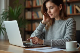 Femme consultant l'historique de ses transactions bancaires en ligne sur un ordinateur portable dans un bureau à domicile