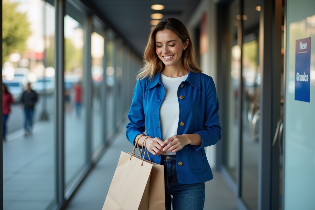 Femme souriante devant un supermarche avec affiche de changement