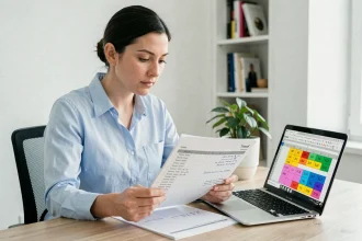 Femme consultant un tableau Excel de calcul des heures de travail dans un bureau à domicile