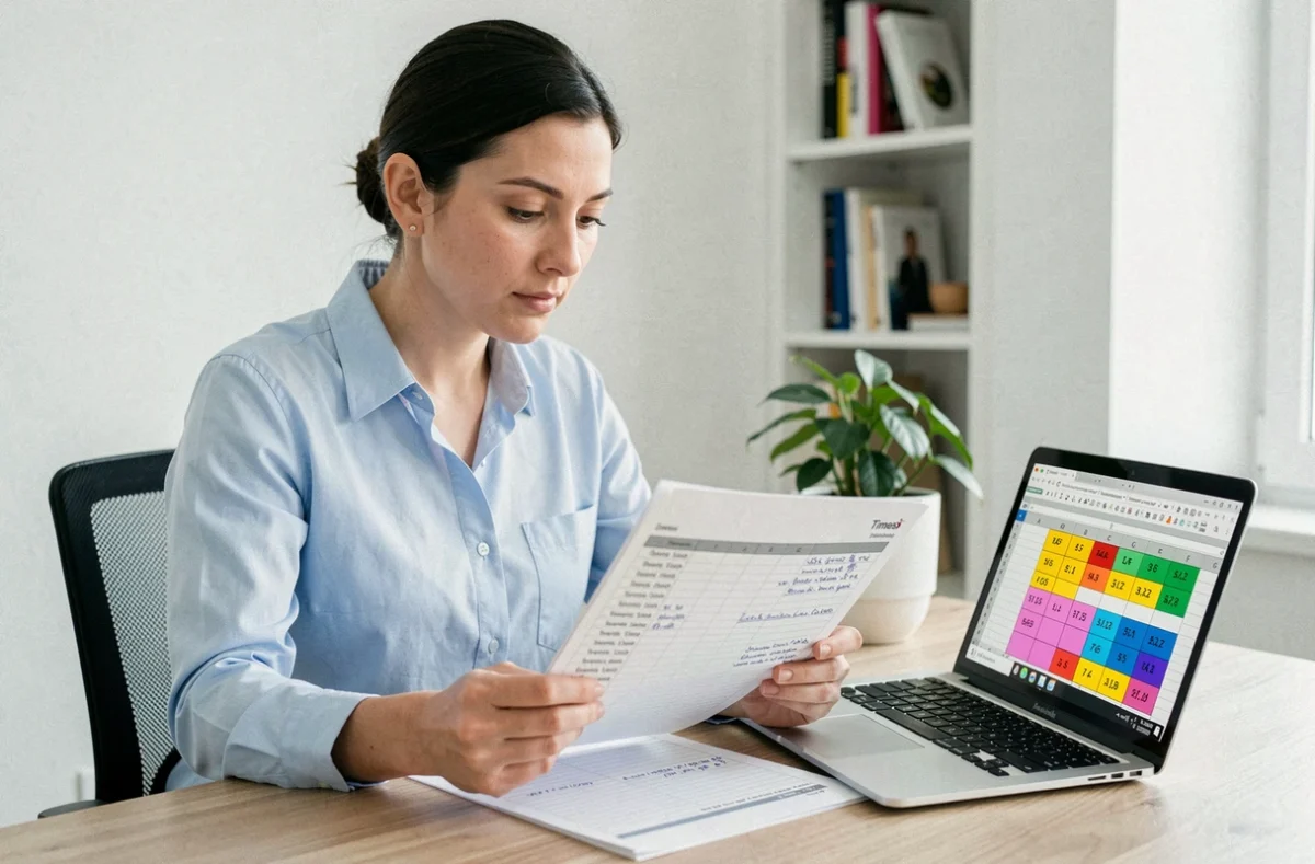 Femme consultant un tableau Excel de calcul des heures de travail dans un bureau à domicile