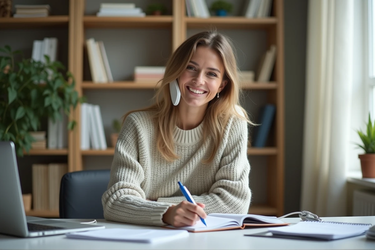 Femme parlant au t&eacute;l&eacute;phone dans un bureau lumineux