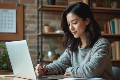 Femme en télétravail consultant un calendrier de jours travaillés depuis son bureau à domicile