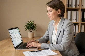Femme en télétravail consultant son espace personnel Urssaf sur ordinateur portable pour vérifier ses appels de cotisations