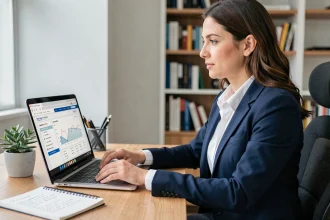 Femme professionnelle en télétravail consultant des données salariales sur un ordinateur portable pour négocier son salaire à distance
