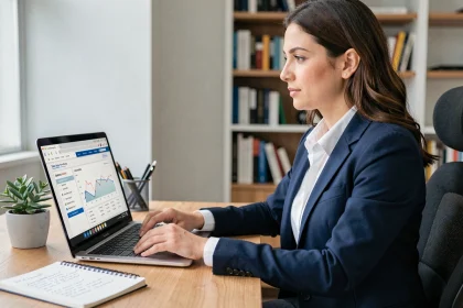Femme professionnelle en télétravail consultant des données salariales sur un ordinateur portable pour négocier son salaire à distance
