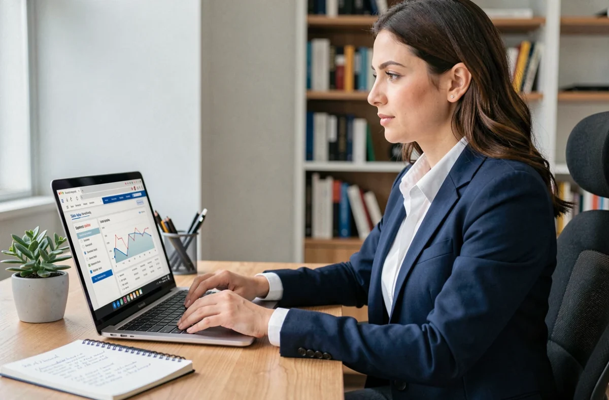 Femme professionnelle en télétravail consultant des données salariales sur un ordinateur portable pour négocier son salaire à distance