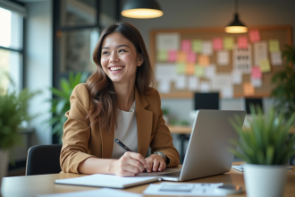 Jeune femme souriante en travail créatif au bureau