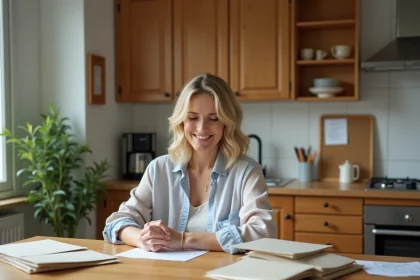 Femme triant des enveloppes dans une cuisine chaleureuse