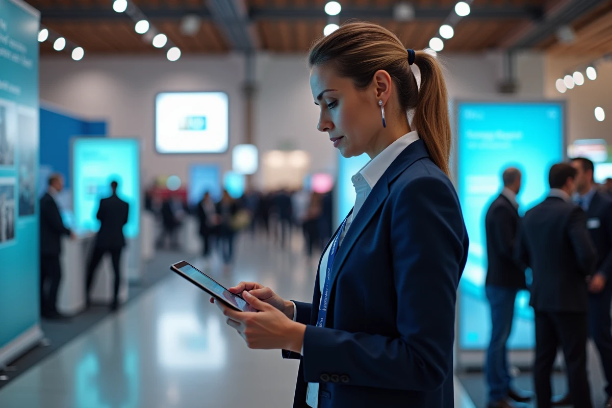 Femme confiante v&eacute;rifiant une tablette lors d