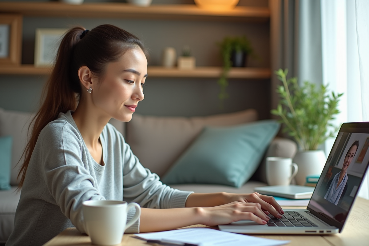 Jeune femme travaillant à domicile avec ordinateur et appel vidéo