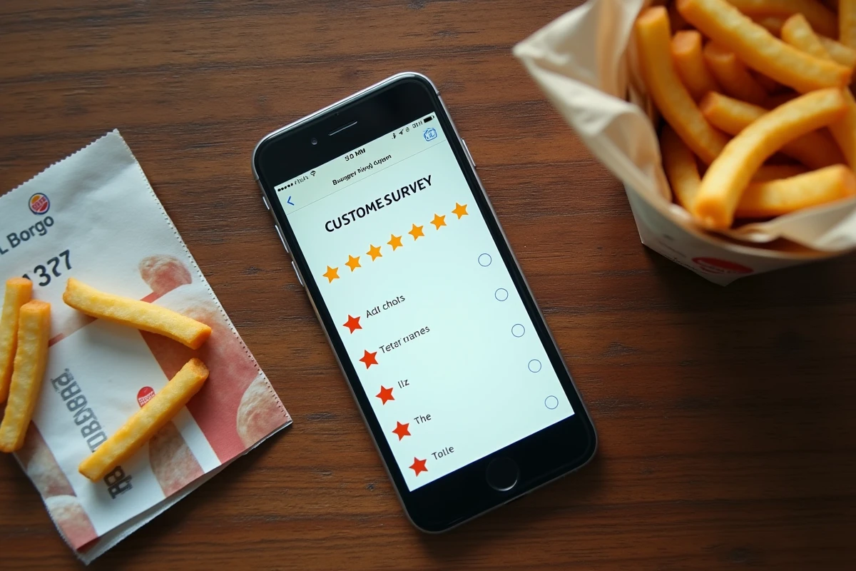 Vue de dessus d'un smartphone affichant un formulaire d'avis BKvousecoute.fr avec un reçu Burger King
