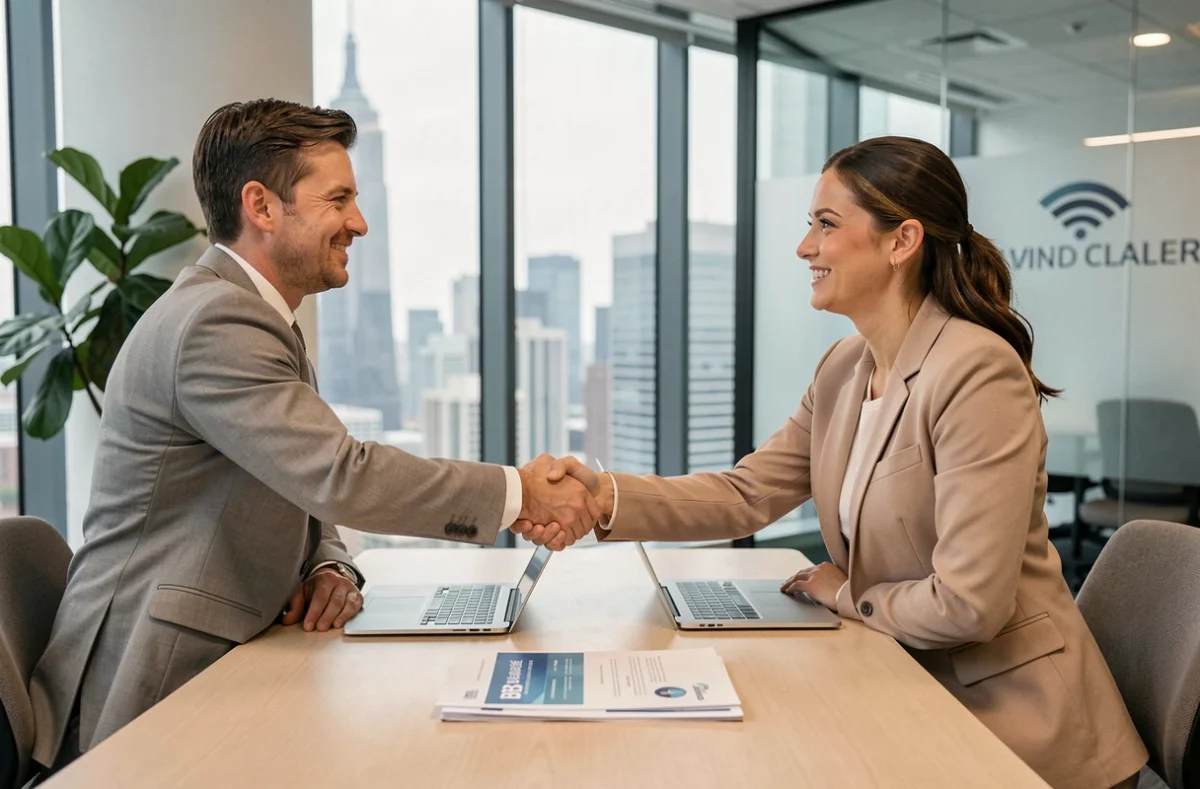 Freelance consultant concluant un accord commercial avec un client professionnel lors d'une réunion B2B en bureau urbain