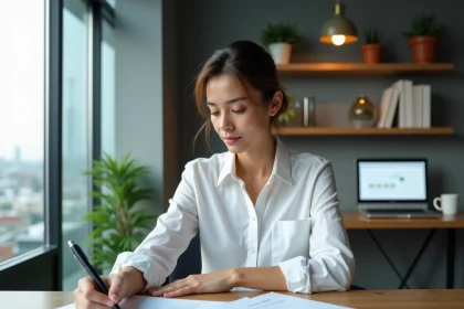 Femme professionnelle consultant un extrait KBIS et des contrats sur un bureau en bois dans un open space moderne
