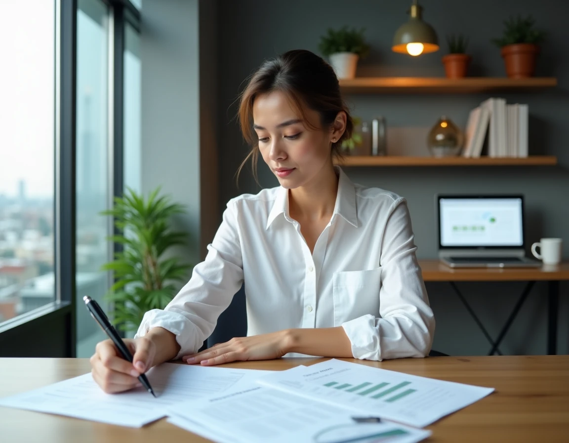 Femme professionnelle consultant un extrait KBIS et des contrats sur un bureau en bois dans un open space moderne
