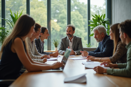 Groupe de professionnels discutant durabilite en entreprise