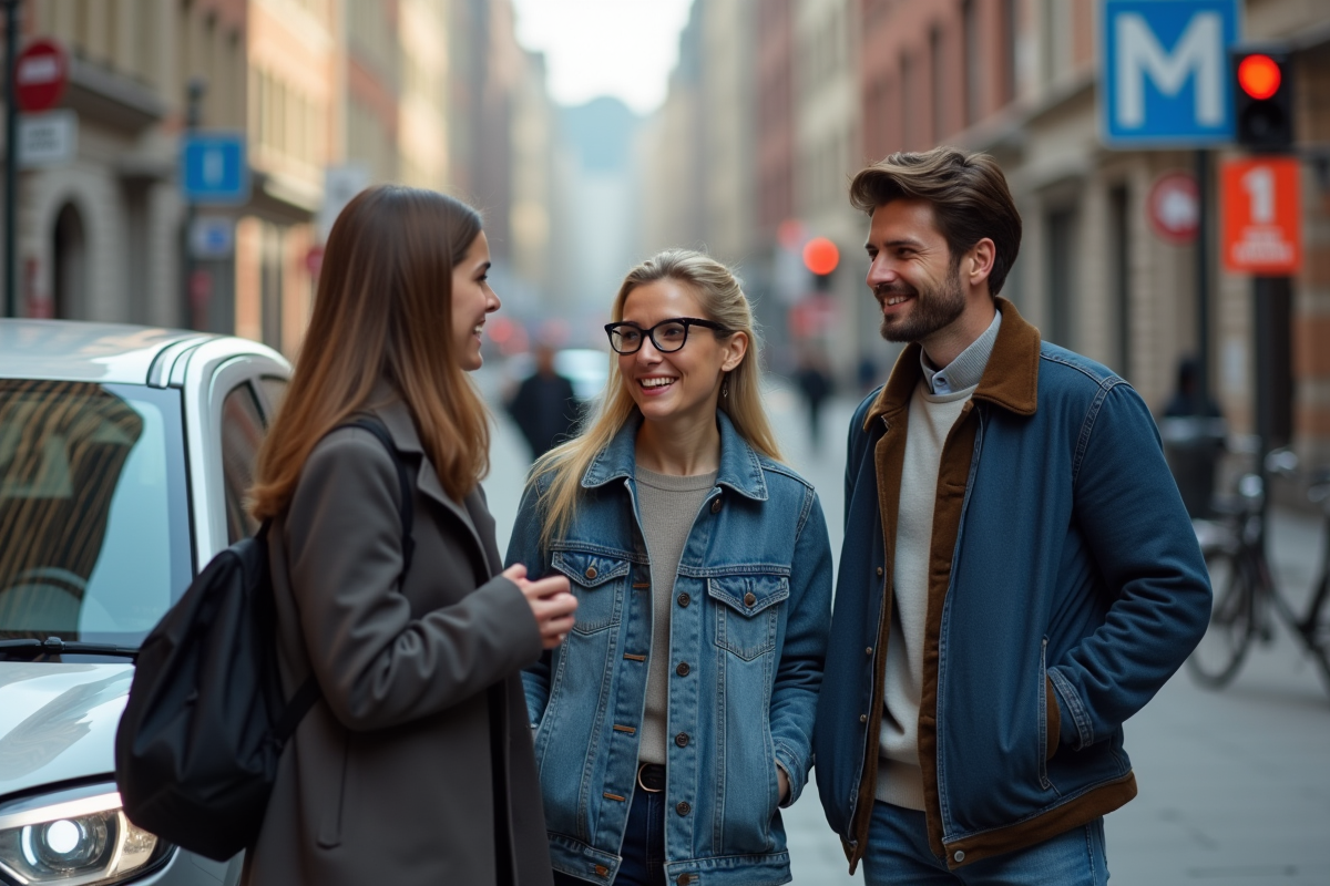 Groupe de trois personnes en discussion devant une voiture en ville