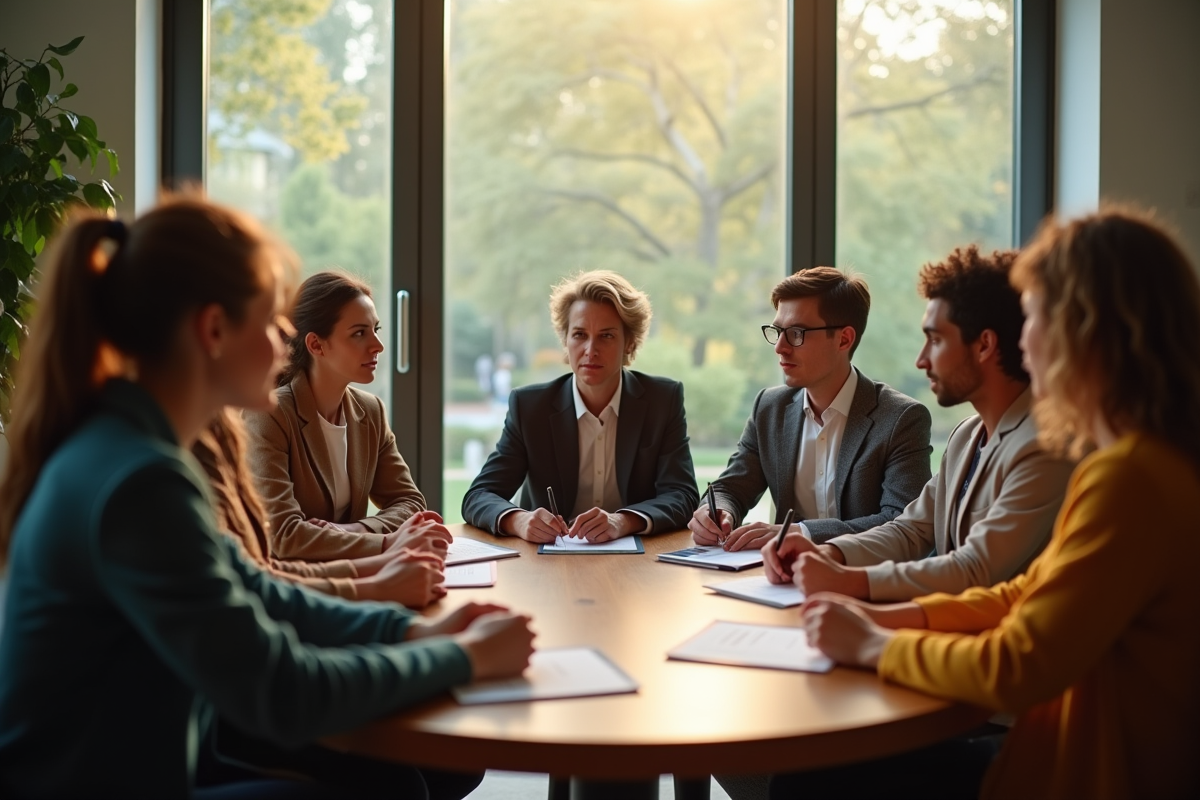 Groupe diversifié discutant autour d'une table lumineuse