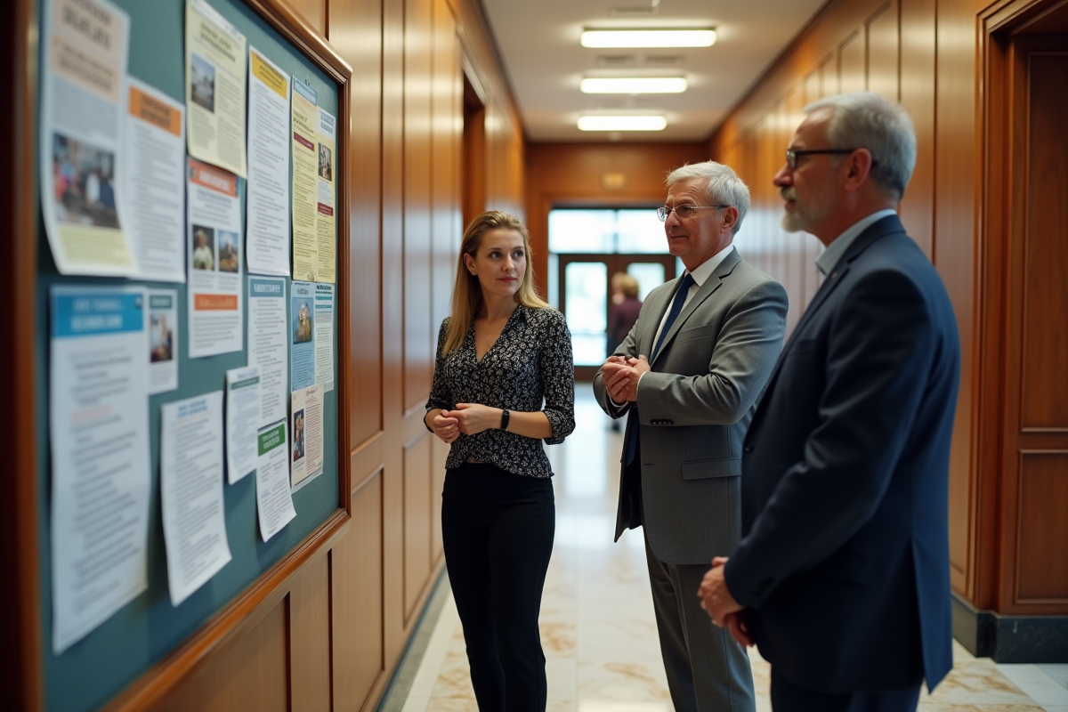 Groupe de professionnels discutant devant panneau d annonces