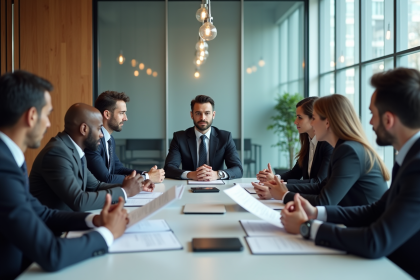 Groupe de professionnels en réunion dans un bureau moderne