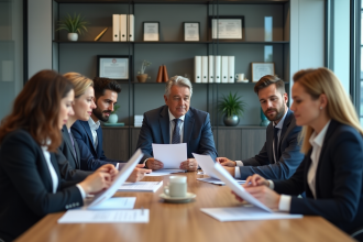 Groupe de professionnels en réunion conformité au bureau