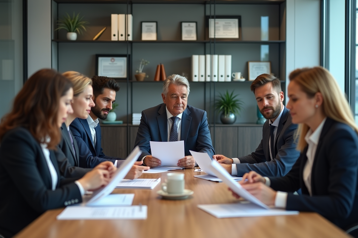Groupe de professionnels en réunion conformité au bureau