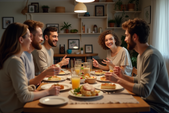 Groupe diversifié partageant un repas convivial à table