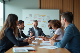 Groupe de professionnels en réunion dans un bureau moderne