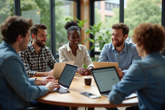 Groupe de professionnels en coworking collaborant