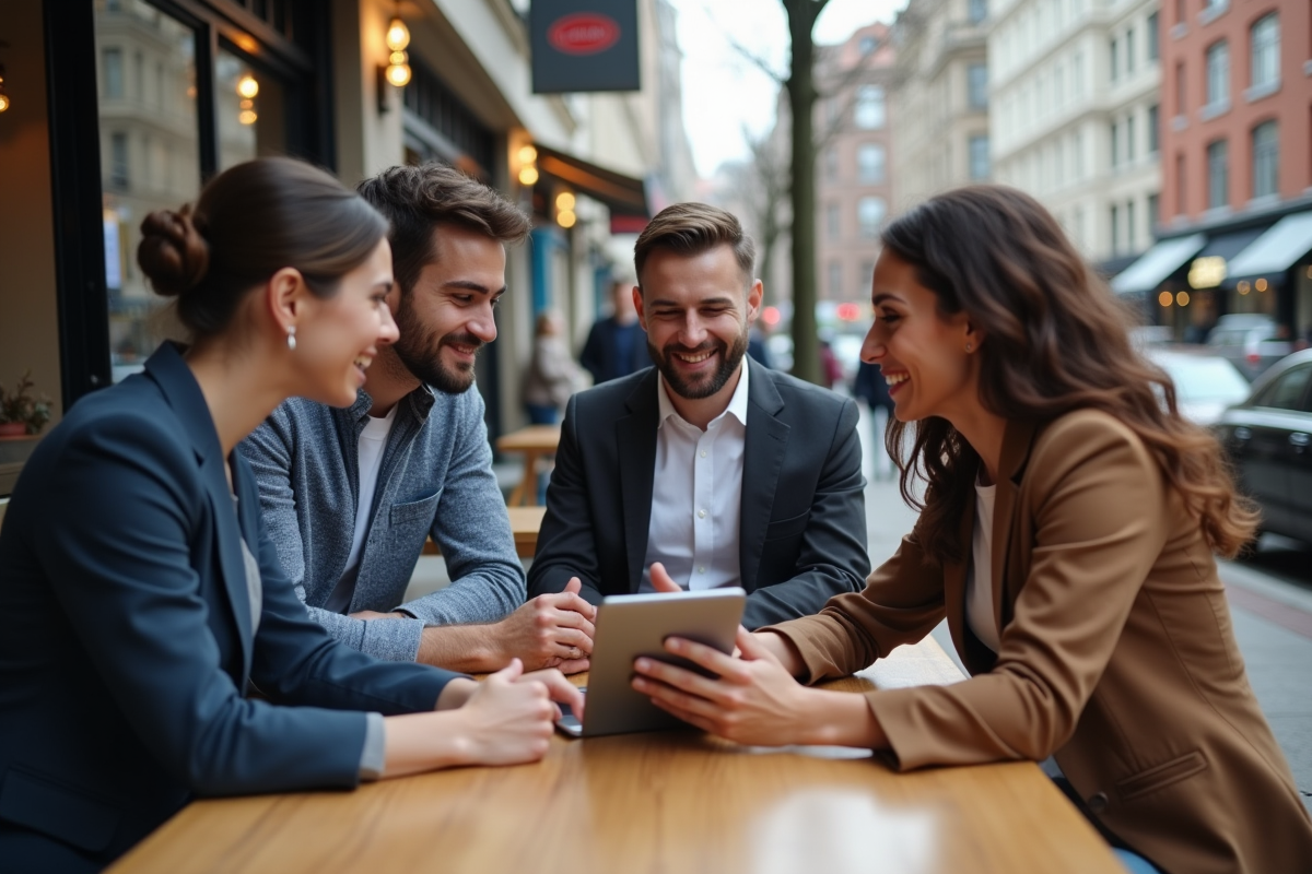 Groupe de jeunes professionnels en discussion en extérieur