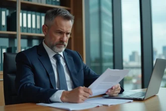 Homme d affaires en costume bleu examine une lettre de licenciement