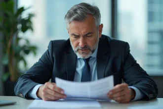 Homme d'affaires examinant des documents officiels dans un bureau