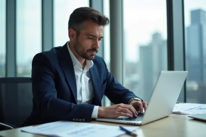 Homme en costume regardant un calculateur de seuil de rentabilite