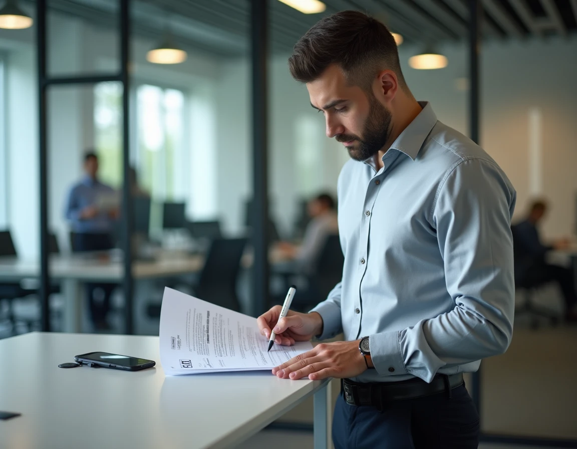 Homme d'affaires signant un document PDF par ordre à son bureau debout