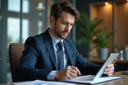Homme d'affaires en costume navy regardant une tablette