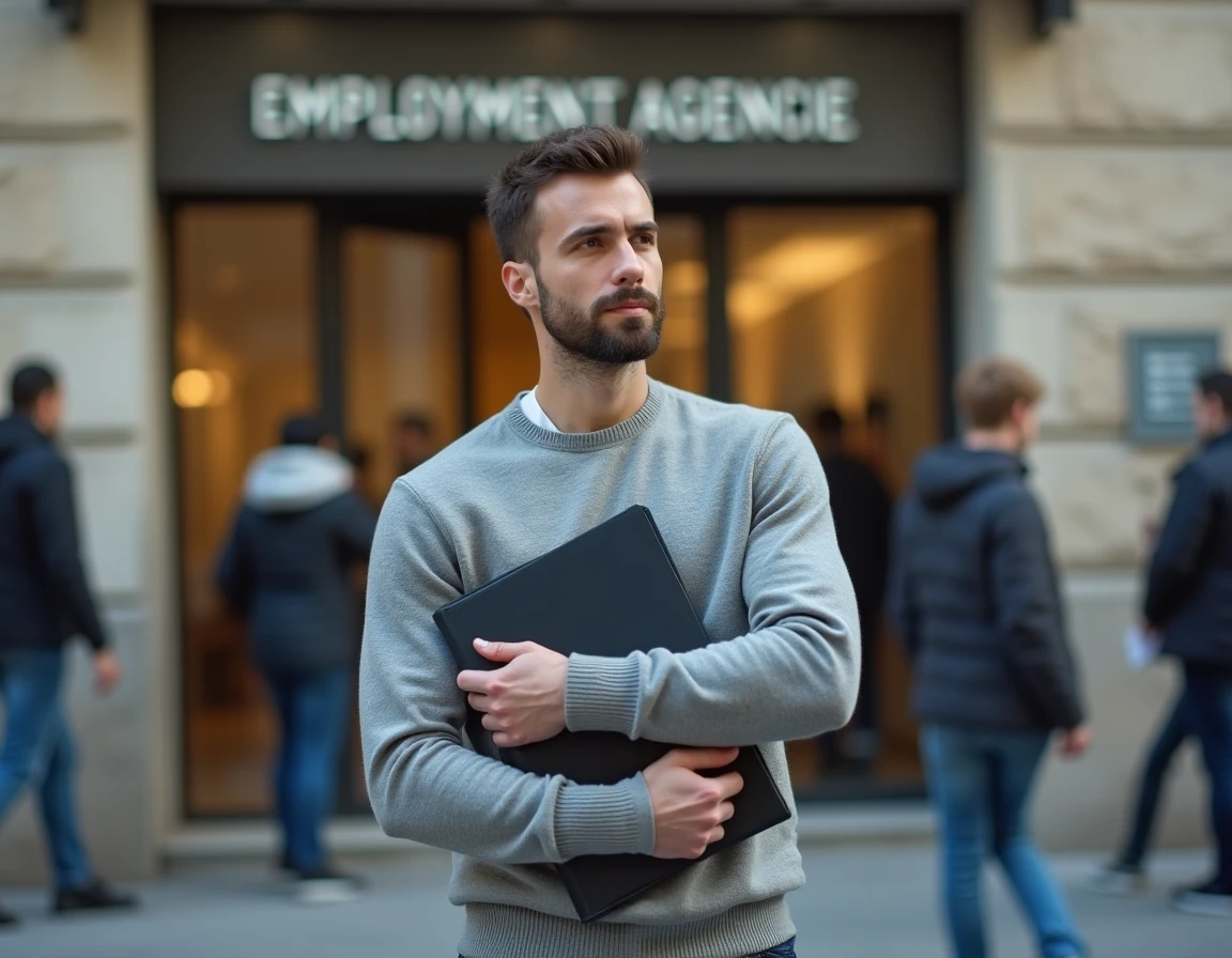 Homme devant une agence pour l'emploi tenant son dossier lors d'une démarche pour ses allocations chômage après un CDD