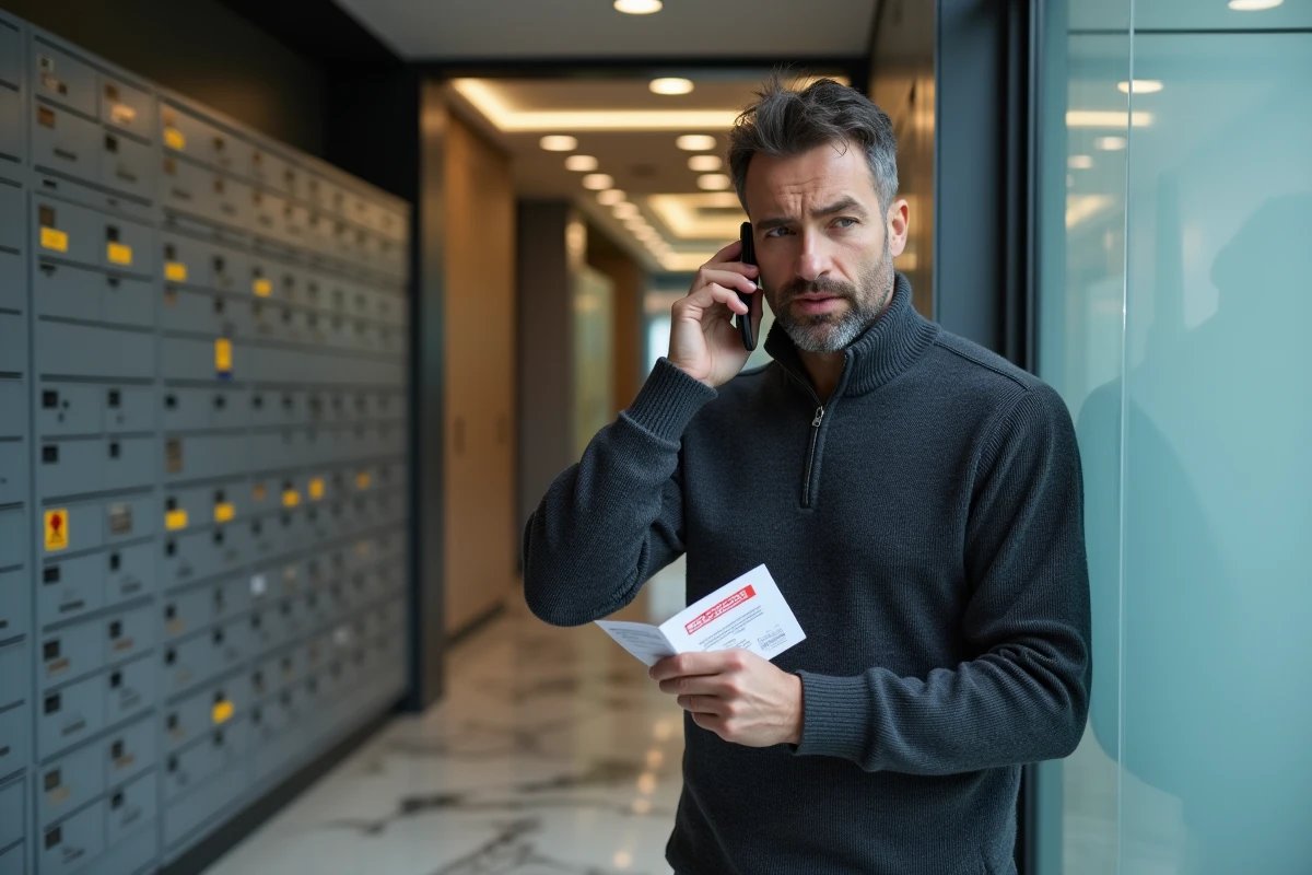 Homme dans le hall de son immeuble appelant le service client DHL avec un avis de passage &agrave; la main