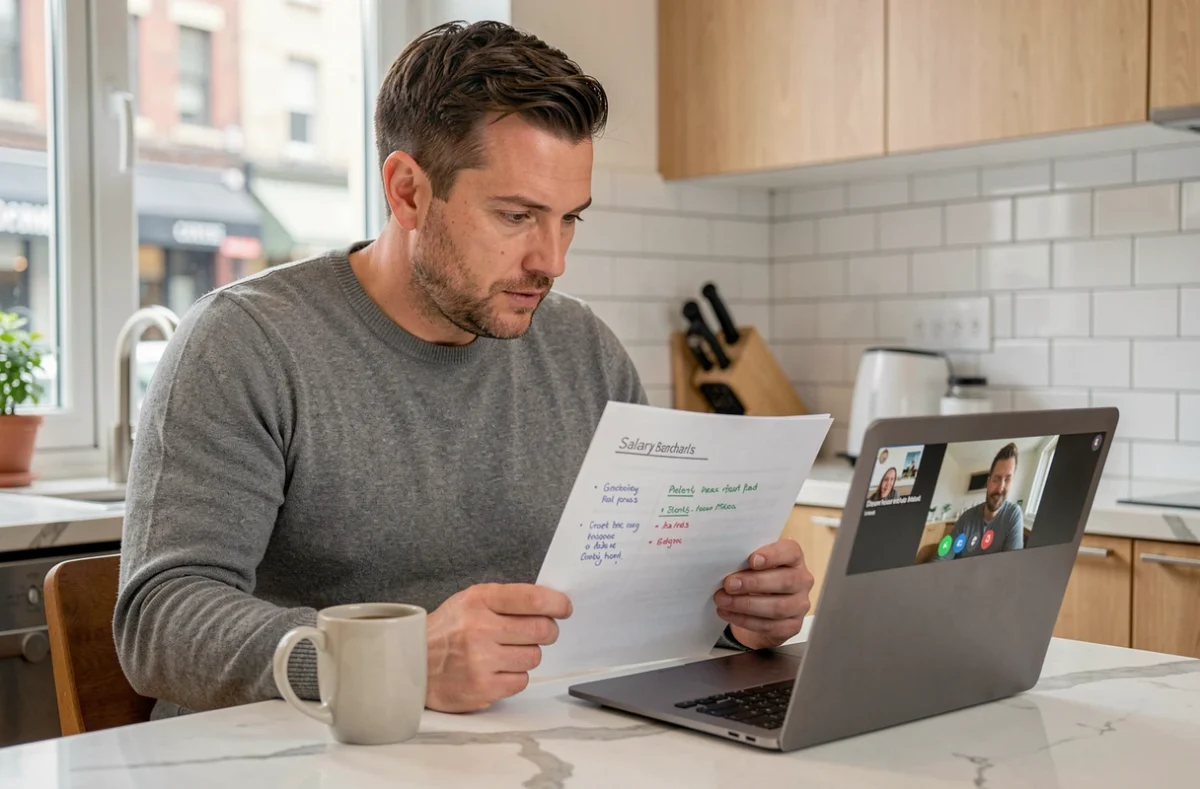 Homme en appel vidéo depuis son appartement négociant un salaire en télétravail avec des documents de référence salariale