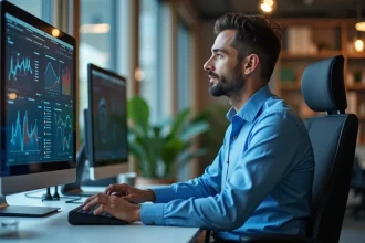 Homme professionnel regardant des tableaux de bord numériques