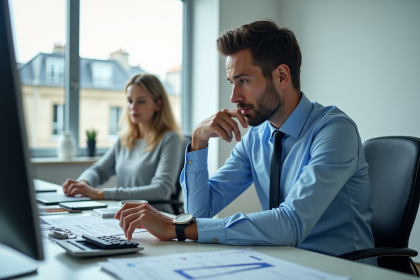 Homme d affaires français regardant sa montre au bureau