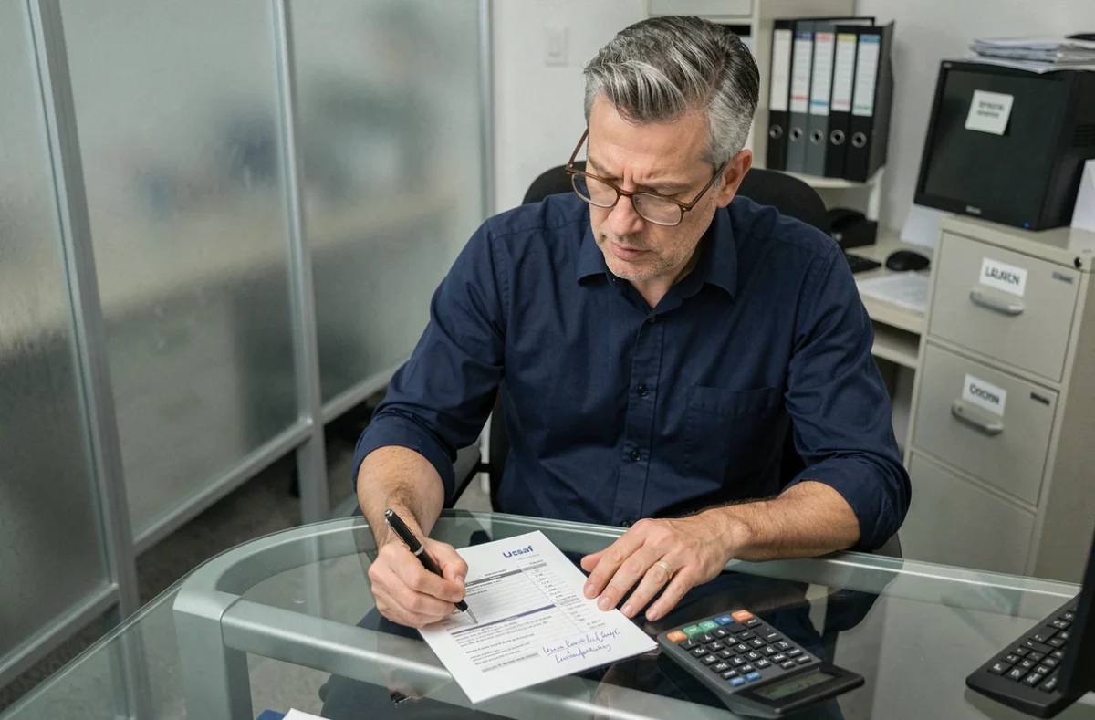 Homme consultant un relevé d'appel de cotisations Urssaf imprimé avec annotations et calculatrice dans un bureau professionnel